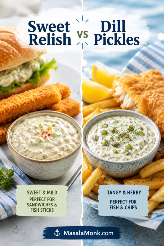 Side-by-side comparison of sweet relish tartar sauce and dill pickle tartar sauce with serving cues for sandwiches and fish and chips