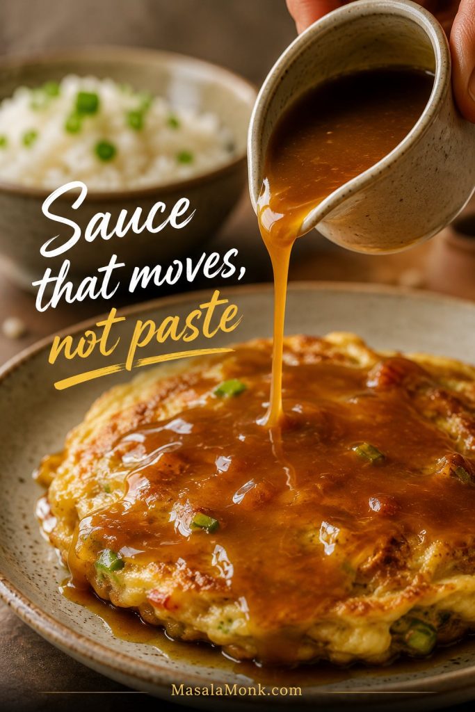 Glossy brown gravy being poured from a small pitcher over a golden Egg Foo Young patty with rice blurred in the background.
