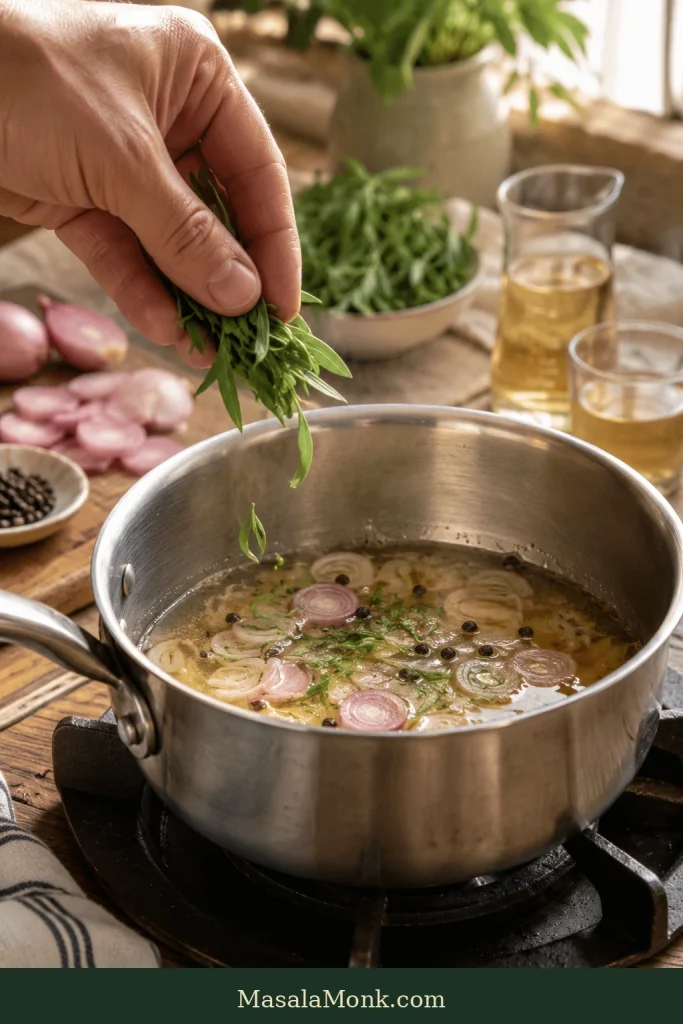 Fresh tarragon, shallot slices, peppercorns, wine, and vinegar cooking together in a stainless saucepan.