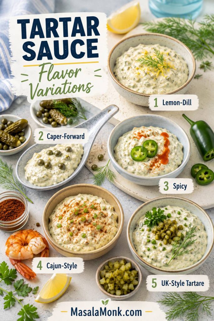 Five tartar sauce flavor variations labeled lemon-dill, caper-forward, spicy, Cajun-style, and UK-style tartare