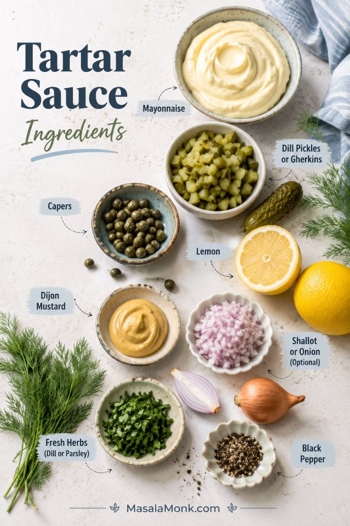 Tartar sauce ingredients on a light surface, including mayonnaise, dill pickles, capers, lemon, Dijon mustard, herbs, black pepper, and shallot