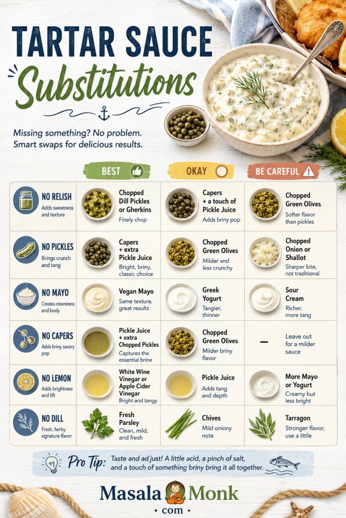 Substitution guide for tartar sauce showing swaps for missing relish, pickles, mayonnaise, capers, lemon, and dill