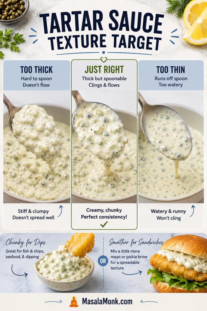 Texture guide showing tartar sauce that is too thick, just right, too thin, chunky for dipping, and smoother for sandwiches