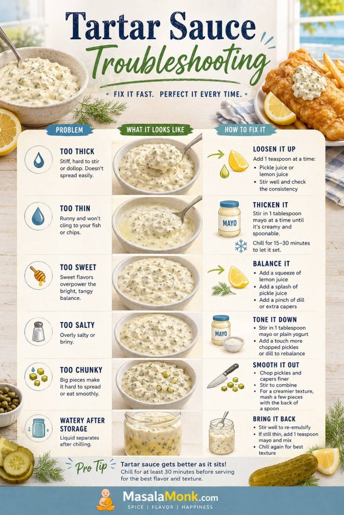 Troubleshooting guide for tartar sauce that is too thick, too thin, too sweet, too salty, too chunky, or watery after storage