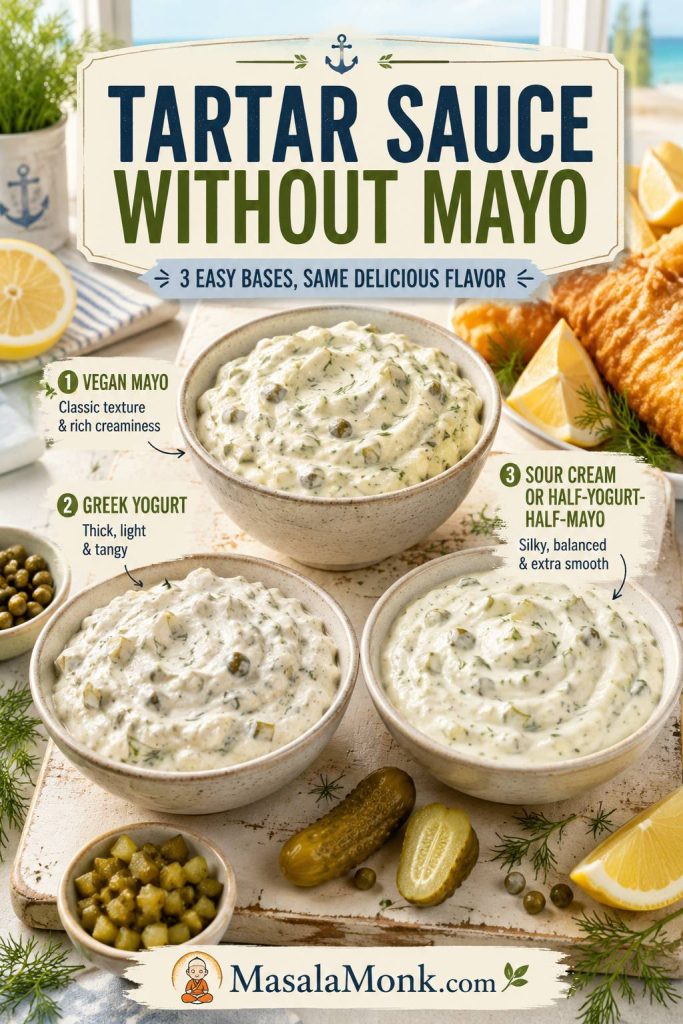 Three tartar sauce bowls made with vegan mayonnaise, Greek yogurt, and sour cream as mayonnaise alternatives