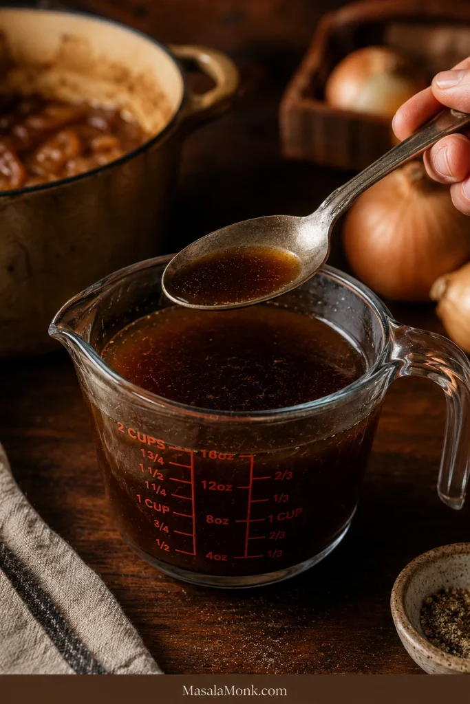 Dark broth in a measuring cup with a spoon for tasting before making French onion soup.