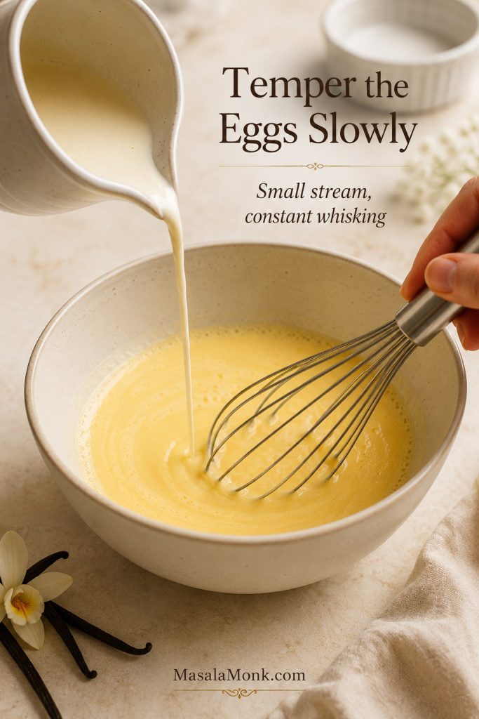 Warm cream being poured in a thin stream into egg yolks while a whisk stirs the crème brûlée custard mixture.