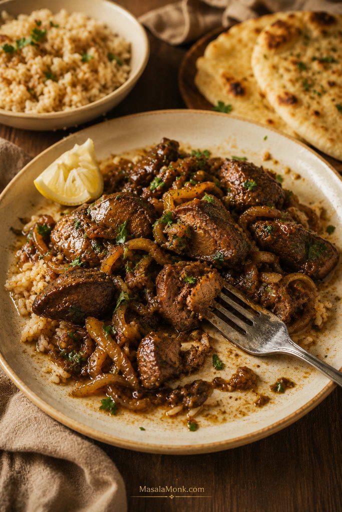 Partly eaten plate of chicken liver with onions, rice, lemon, herbs, pan juices, and roti in the background.