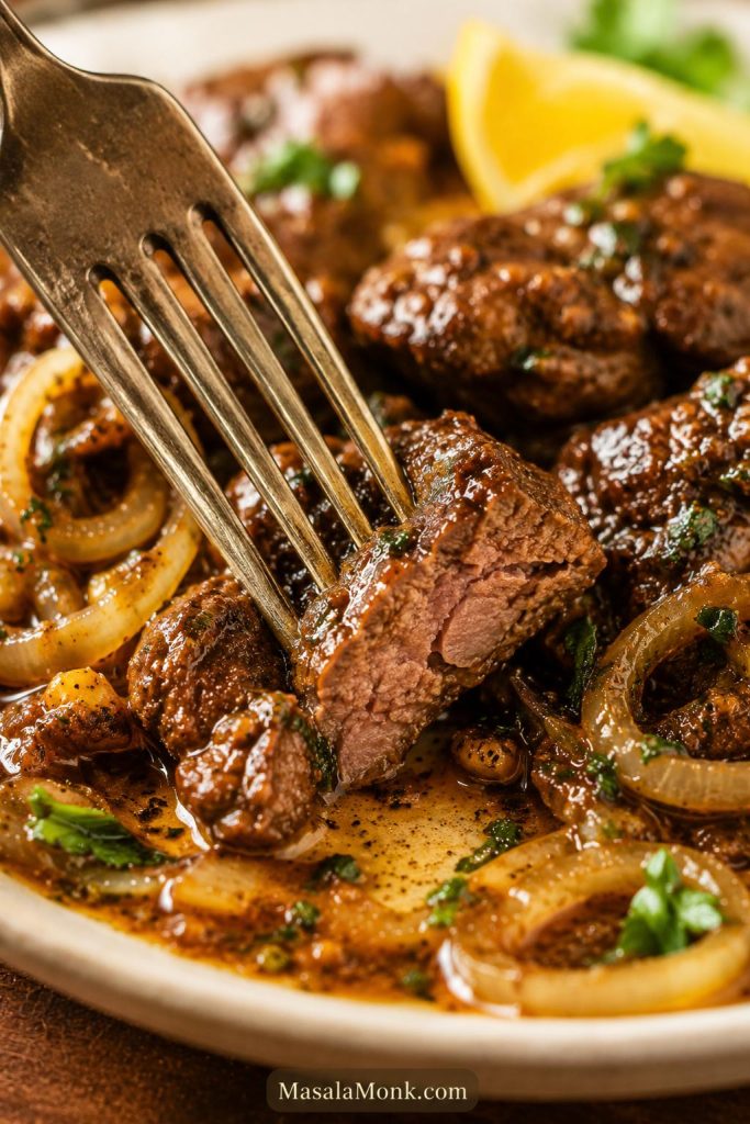Fork cutting into a tender cooked chicken liver piece with onions and pan juices on a plate.
