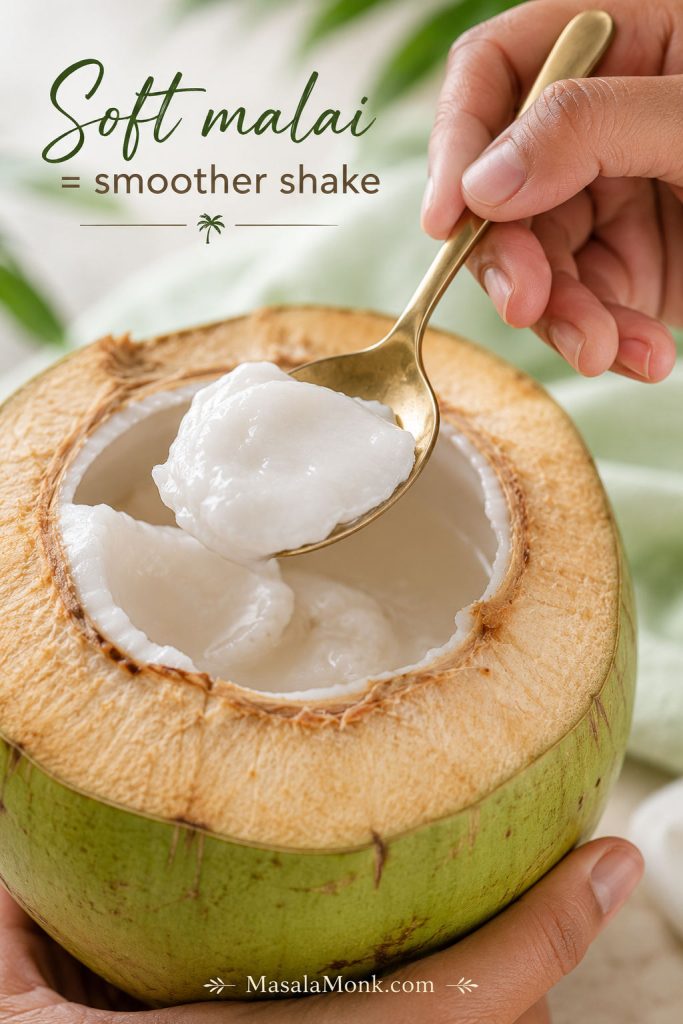 Spoon scooping soft tender coconut malai from a young coconut shell.