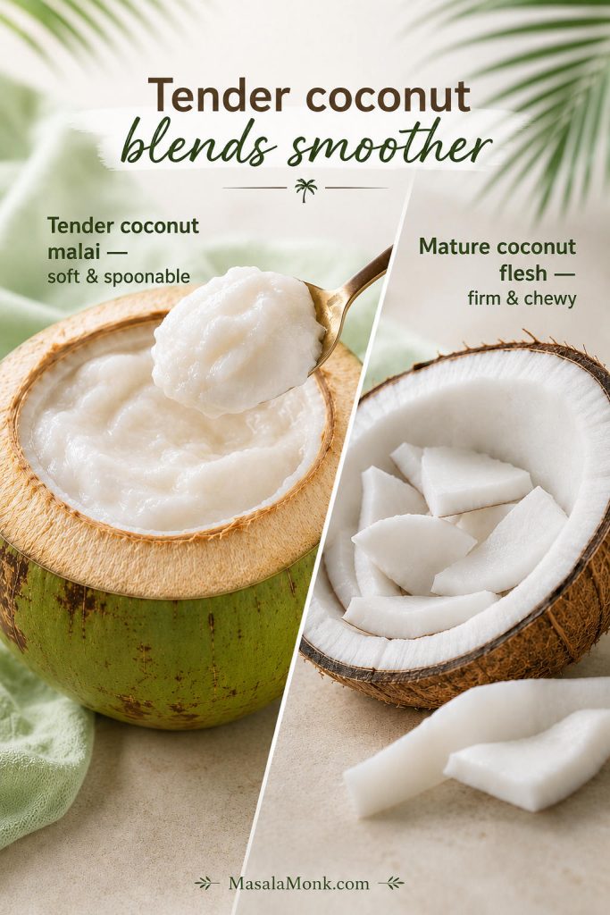 Comparison of soft tender coconut malai and firm mature coconut flesh for making coconut shake.