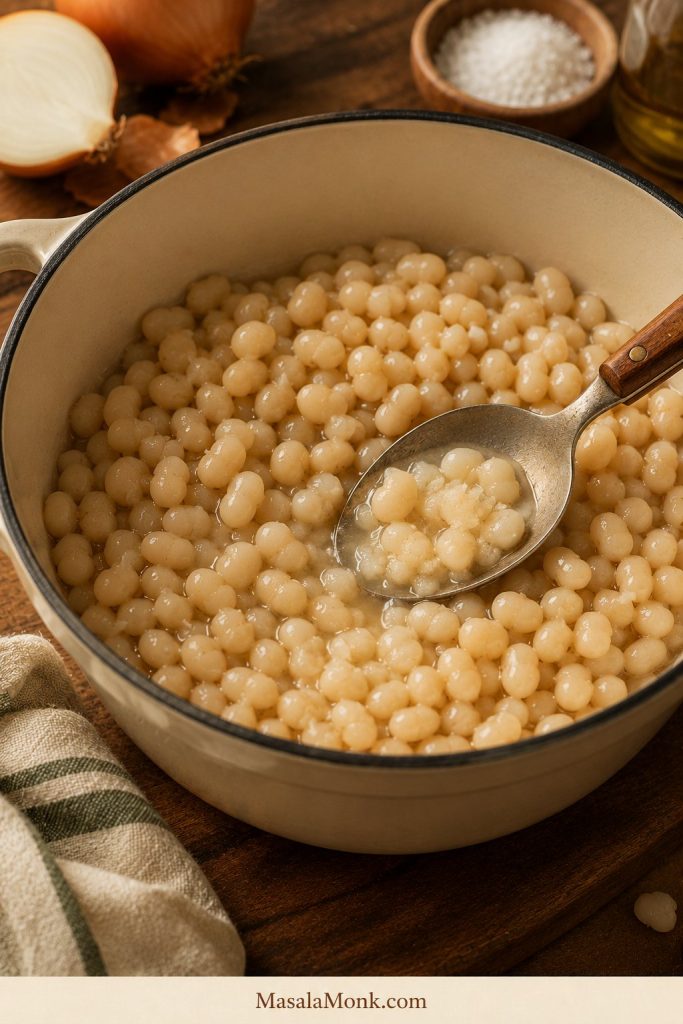 Cooked navy beans before sauce with a spoon pressing into them.