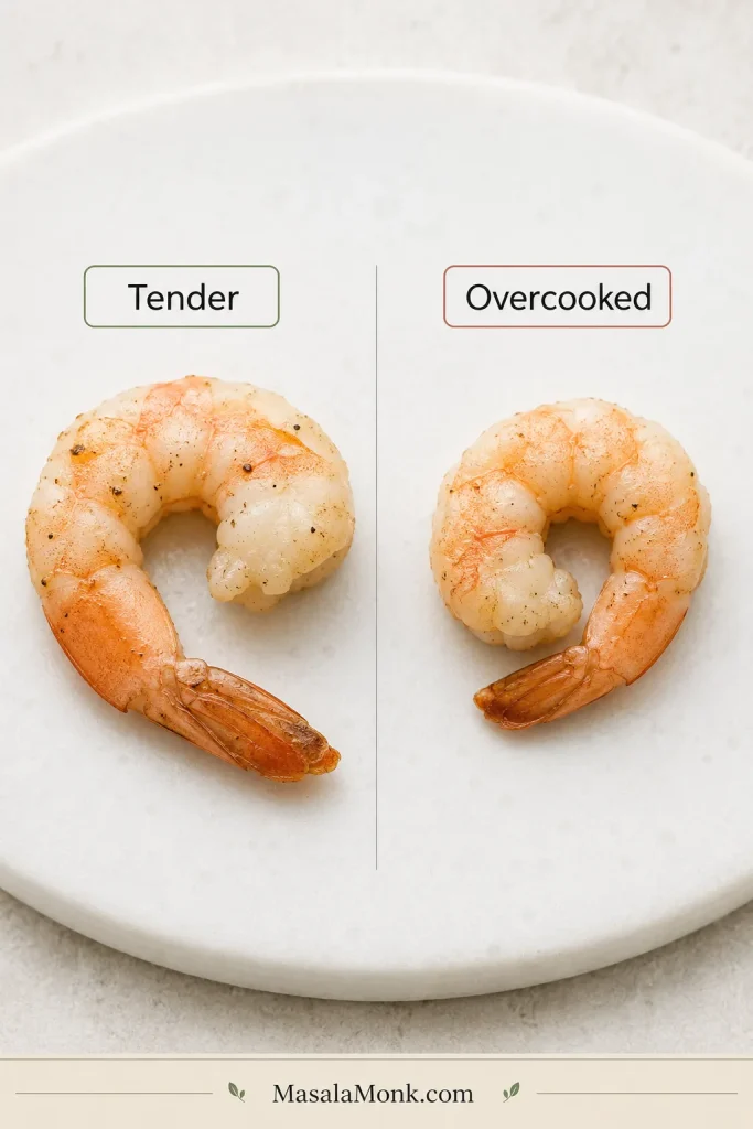 Cooked shrimp comparison showing a loose C-shaped tender shrimp and a tightly curled overcooked shrimp.
