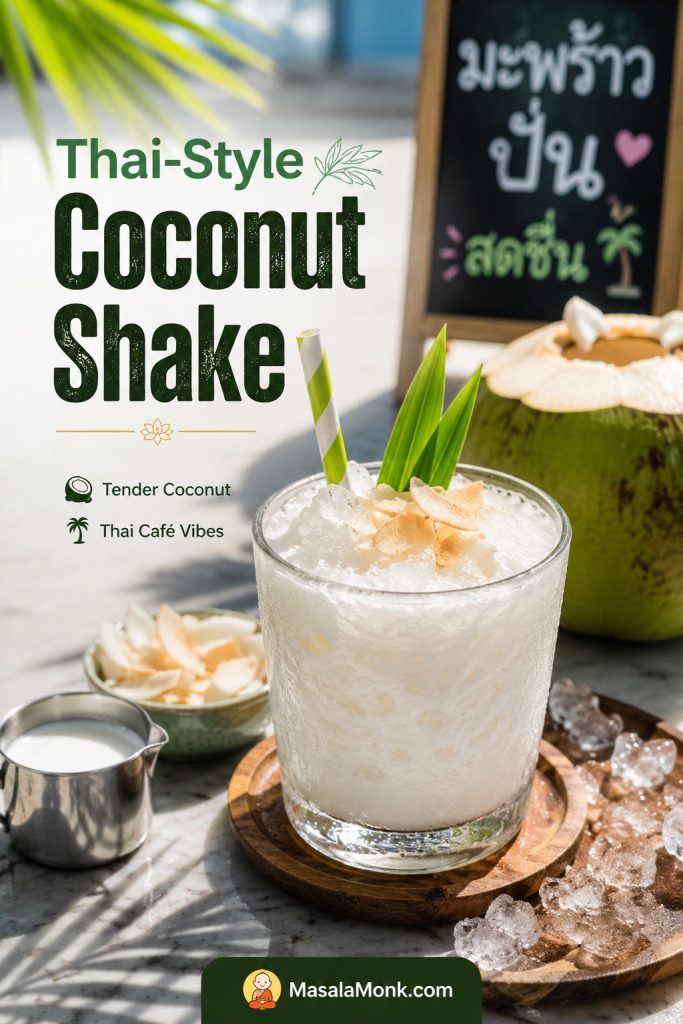 Thai-style coconut shake in a shorter icy glass with coconut milk, coconut cream, and tropical café styling.