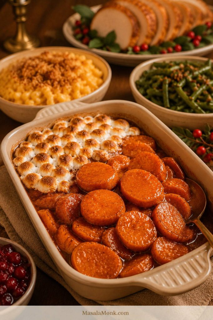 Candied yams in a cream serving dish on a Thanksgiving table with green beans, mac and cheese, cranberry sauce, and sliced turkey in the background.
