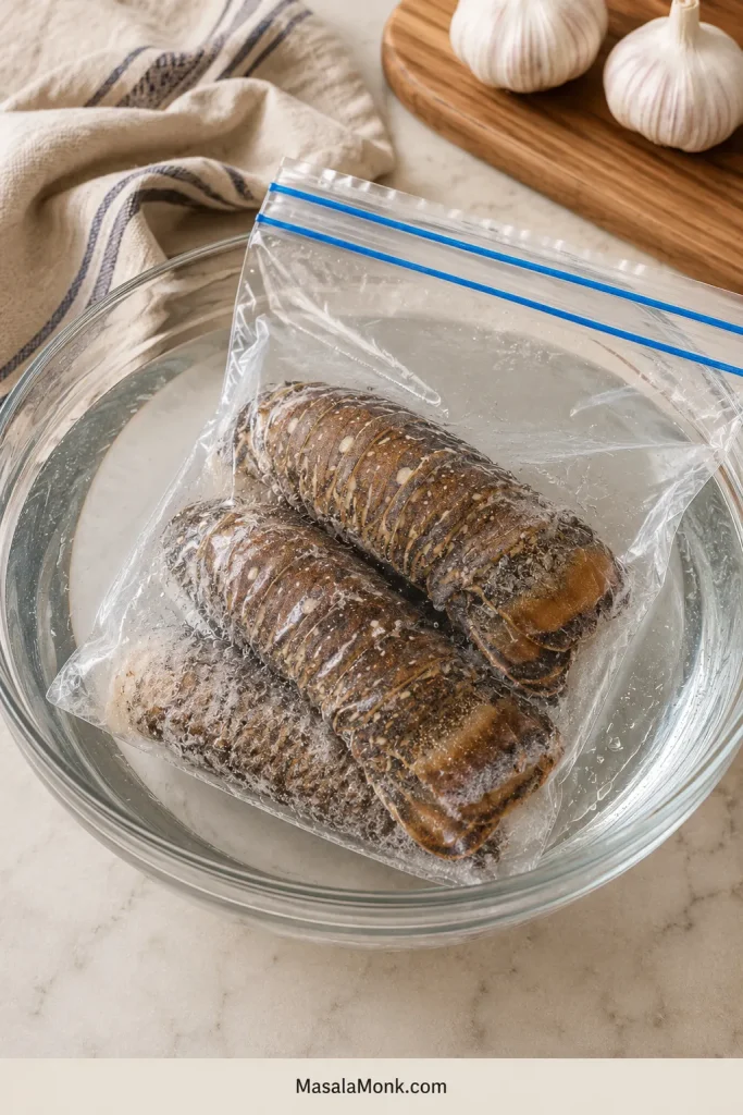 Frozen lobster tails sealed in a clear bag thawing in a bowl of cold water.