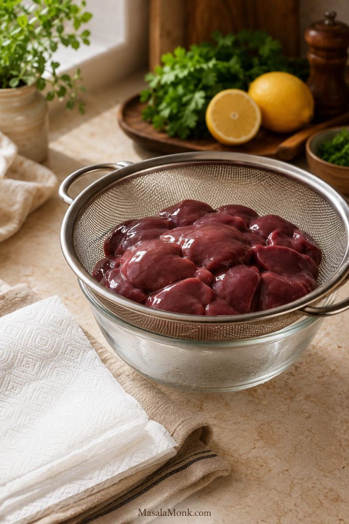 Thawed chicken livers draining in a metal sieve over a bowl with paper towels, lemon, and herbs nearby.