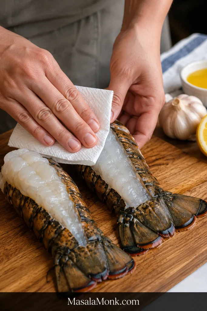 Hands patting thawed lobster tails dry on a towel before grilling.