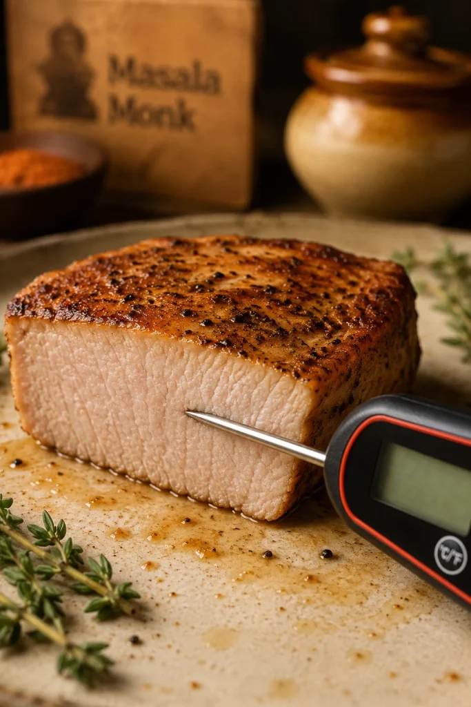 Instant-read thermometer inserted into the center of a cooked boneless pork chop.