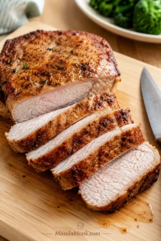 Thick air fryer boneless pork chop sliced on a cutting board with broccoli in the background.