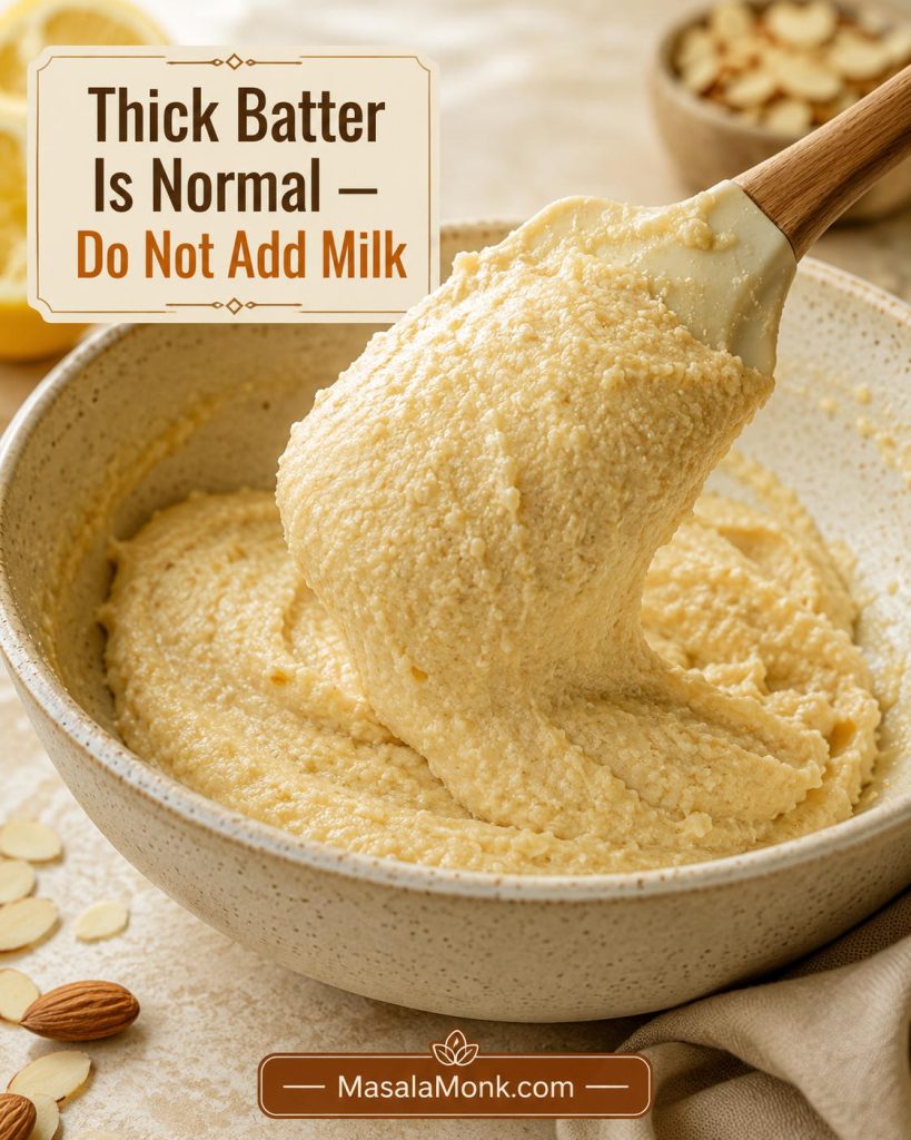 Thick almond cake batter lifted with a spatula before whipped egg whites are folded in.