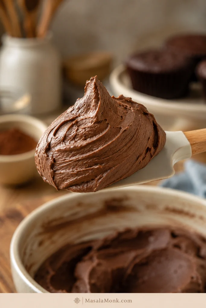 Thick chocolate cream cheese frosting mounding on a spatula above a mixing bowl.