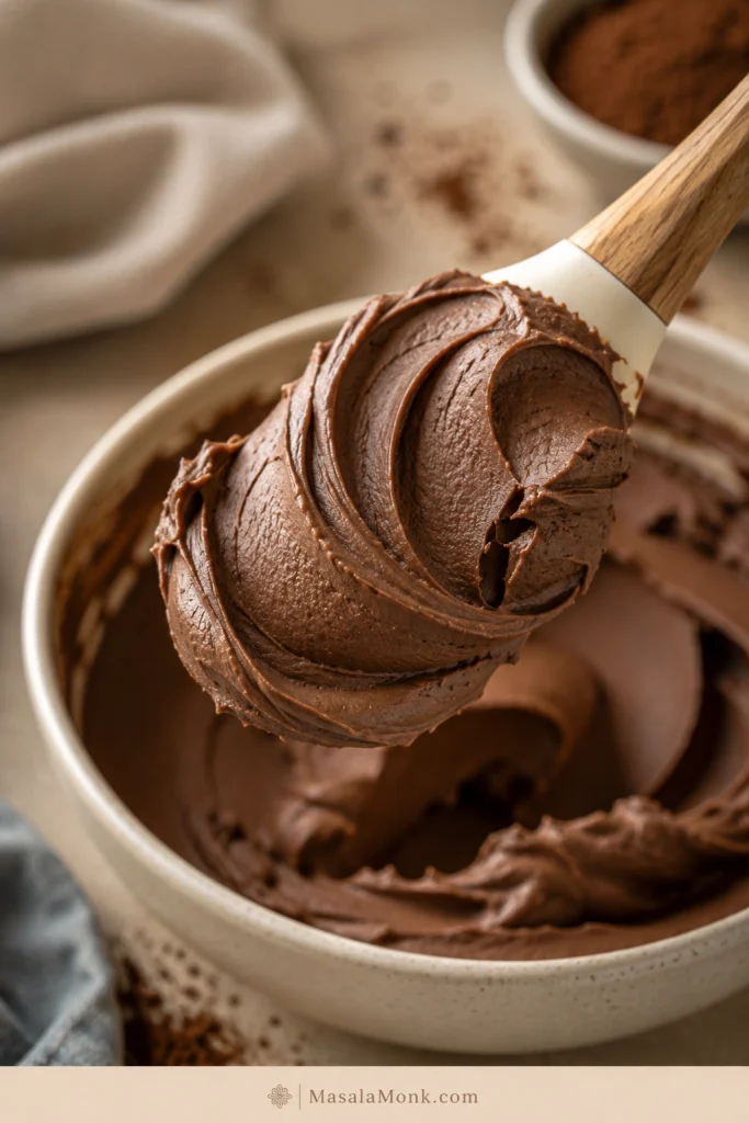 A spatula lifting a thick swoop of chocolate cream cheese frosting from an ivory mixing bowl.