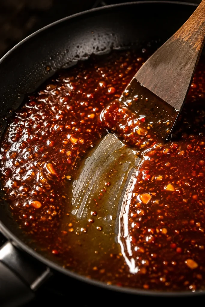 Thick glossy General Tso sauce in a dark skillet with a wooden spatula leaving a visible trail through the sauce.
