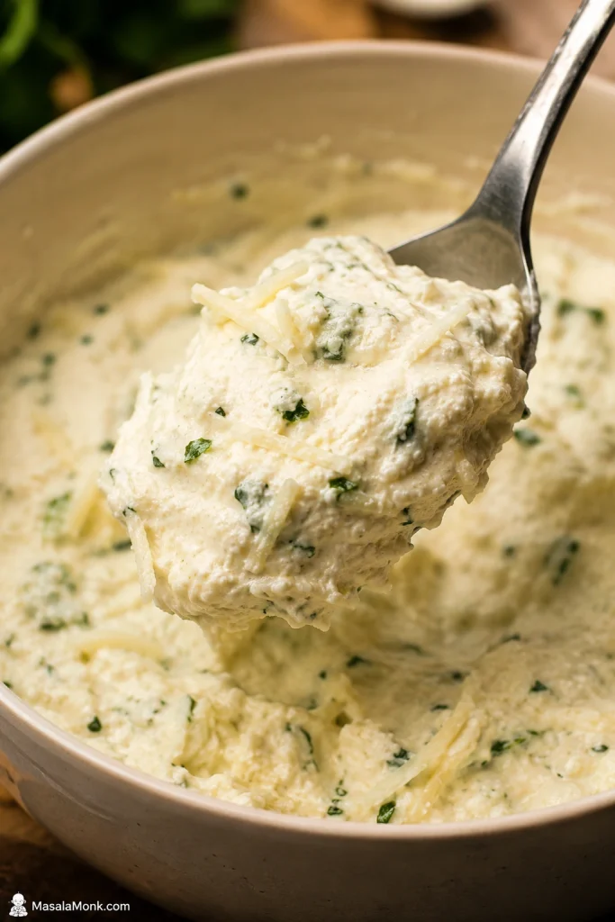 Thick ricotta cheese filling with herbs mounding on a spoon above a bowl.