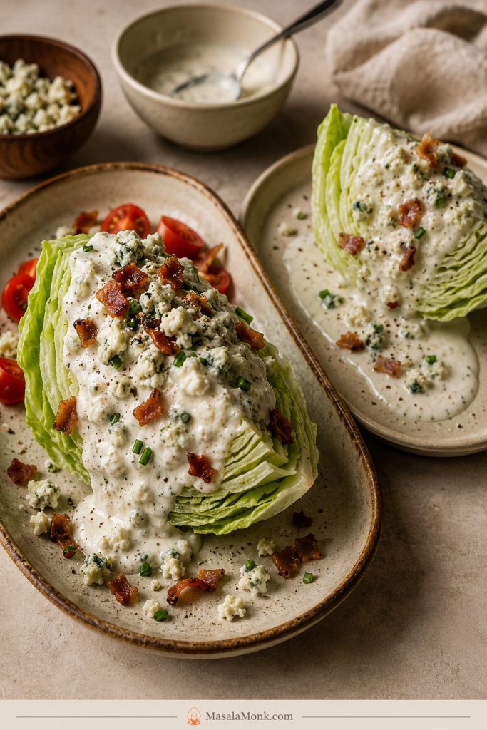 Two plated iceberg wedge salads showing thick dressing clinging to one wedge and thinner dressing pooling around another wedge.
