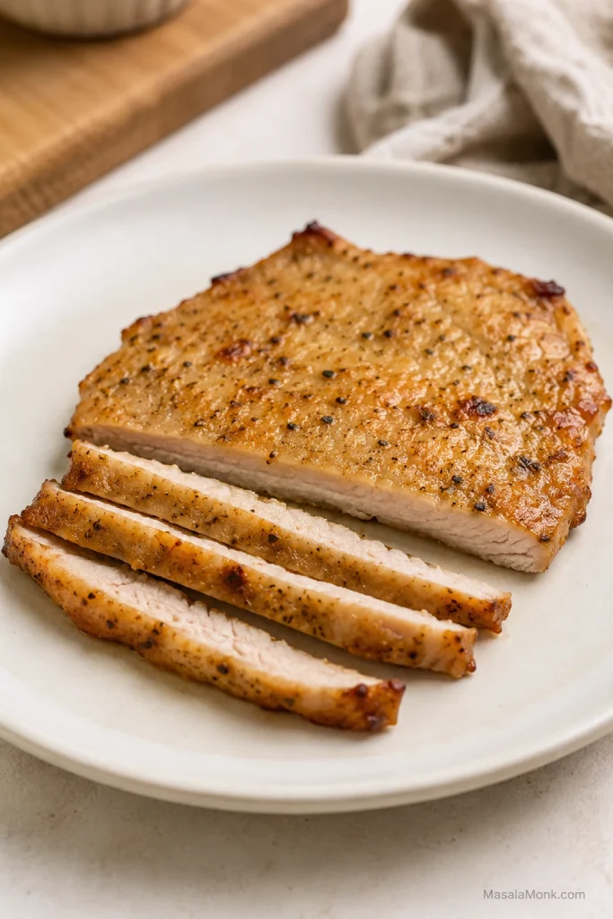 Thin air fryer pork chop sliced on a white plate with a light golden crust.