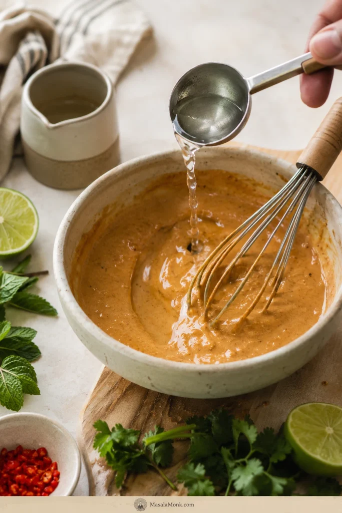 Water being added by spoon to thick peanut sauce while a whisk rests in the bowl.