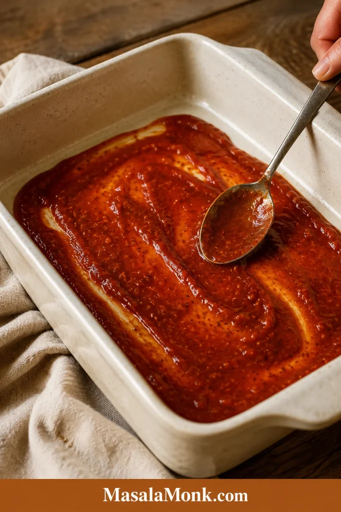 A spoon spreading a thin layer of red enchilada sauce across the bottom of a cream ceramic baking dish.