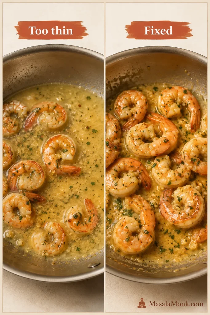 Before and after comparison of thin shrimp scampi sauce and fixed sauce coating shrimp.
