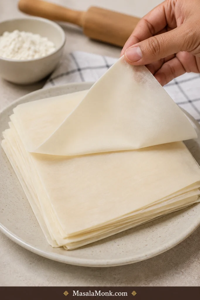 A thin square spring roll wrapper being lifted from a stack to show its flexible texture.