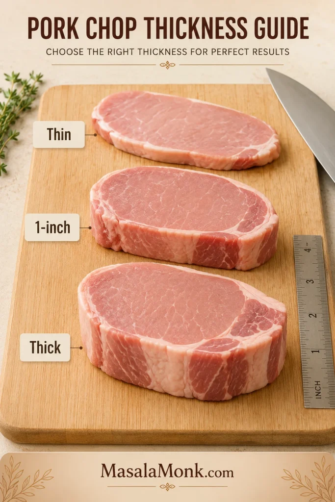 Three raw pork chops of different thicknesses on a cutting board, labeled as thin, one-inch, and thick chops.