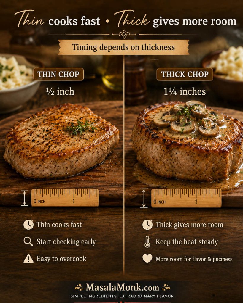 Side-by-side guide showing a thin pork chop and a thick pork chop with ruler cues and text explaining that thin chops cook fast while thick chops give more room.