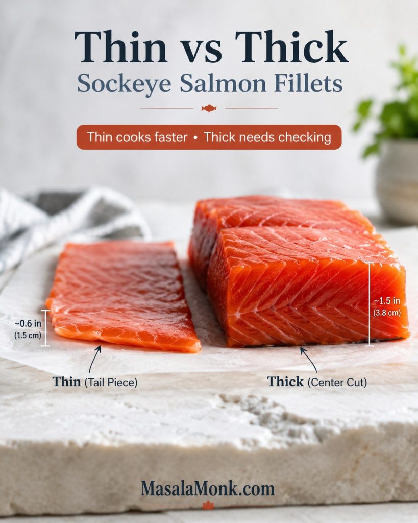 Thin and thick sockeye salmon fillets compared on parchment with a ruler cue.