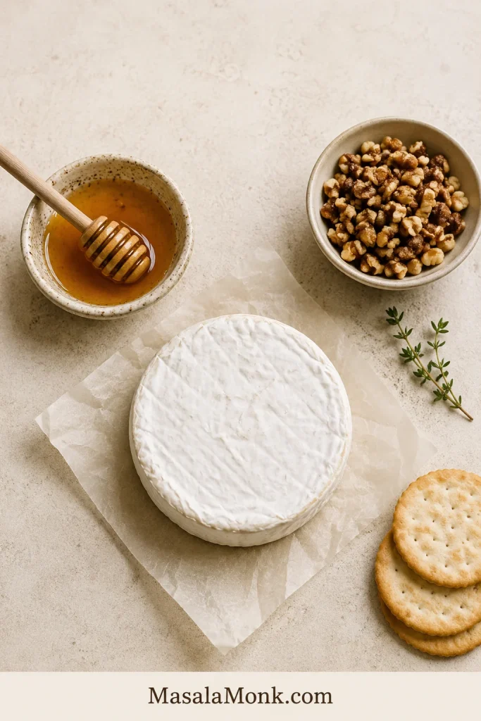 Minimal three-ingredient baked brie setup with a cold brie wheel, honey, chopped walnuts, crackers, and fresh thyme.