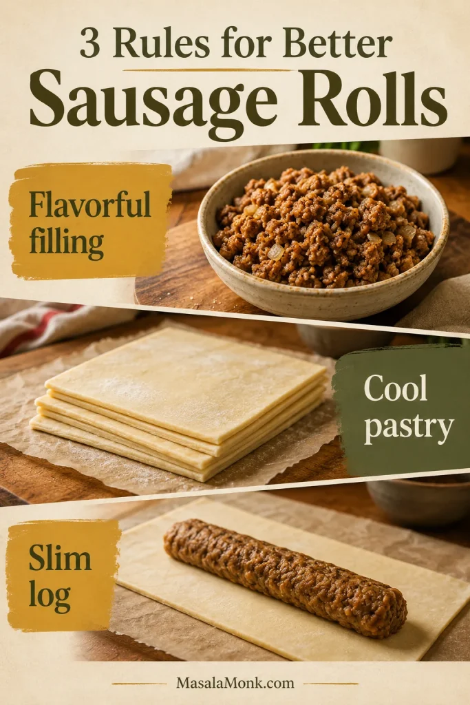 Visual guide showing flavorful filling, cool pastry, and a slim filling log for making sausage rolls.
