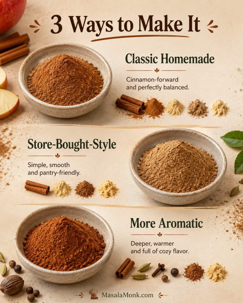 Three apple pie spice variations showing classic homemade, store-bought-style, and more aromatic blends in bowls with apples and spices.