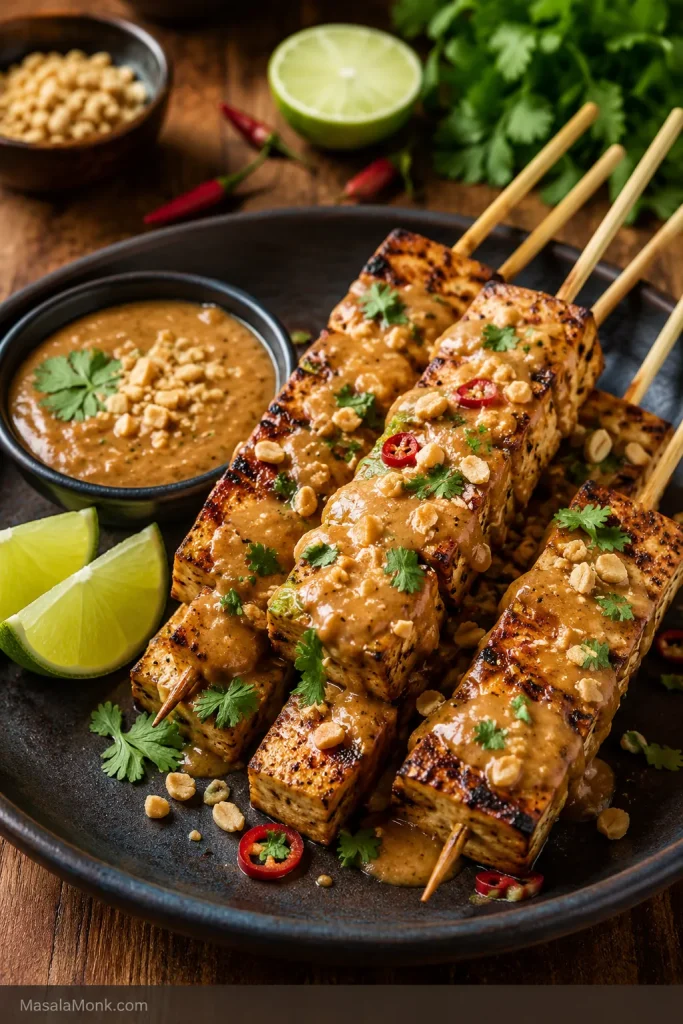 Grilled tofu satay skewers drizzled with peanut sauce, herbs, chili and crushed peanuts.