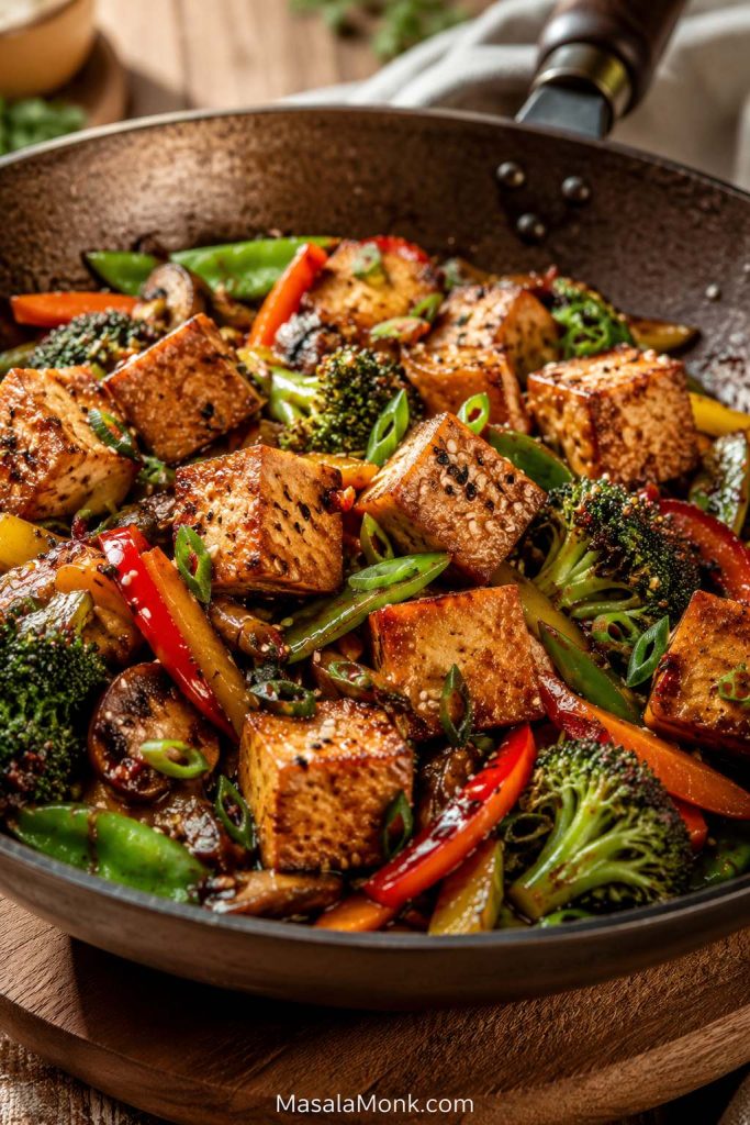 Golden tofu cubes in a wok with broccoli, bell peppers, snap peas, mushrooms, scallions, sesame seeds, and glossy brown sauce.