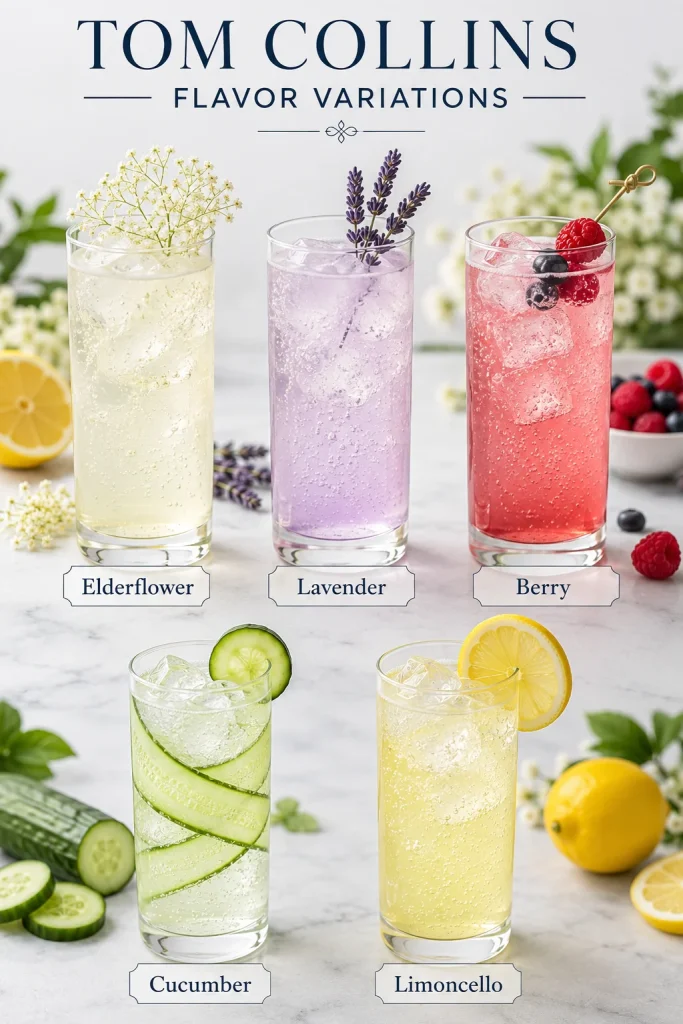 Five Tom Collins flavor variations labeled elderflower, lavender, berry, cucumber, and limoncello, each in a tall glass with a distinct garnish.
