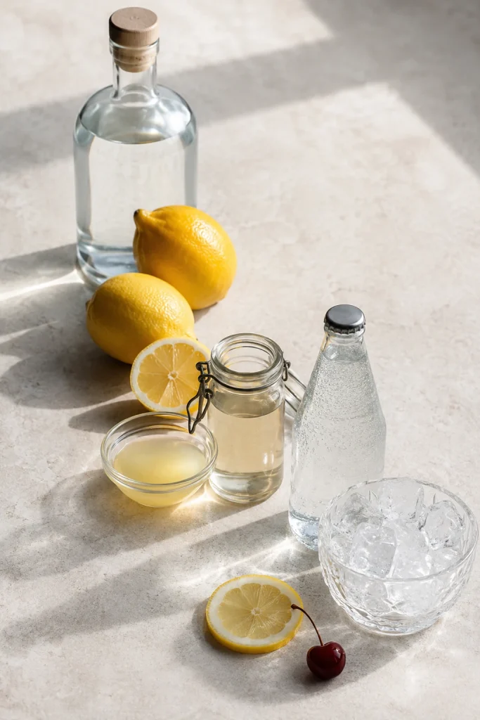 Tom Collins ingredients arranged on a light stone surface, including gin, lemons, lemon juice, simple syrup, club soda, ice, a lemon wheel, and a cherry.