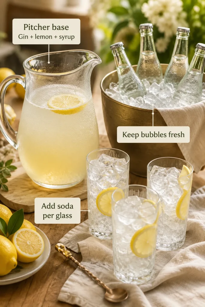 Tom Collins pitcher base with lemon slices, separate club soda bottles in an ice bucket, ice-filled glasses, lemons, linen, and serving labels.