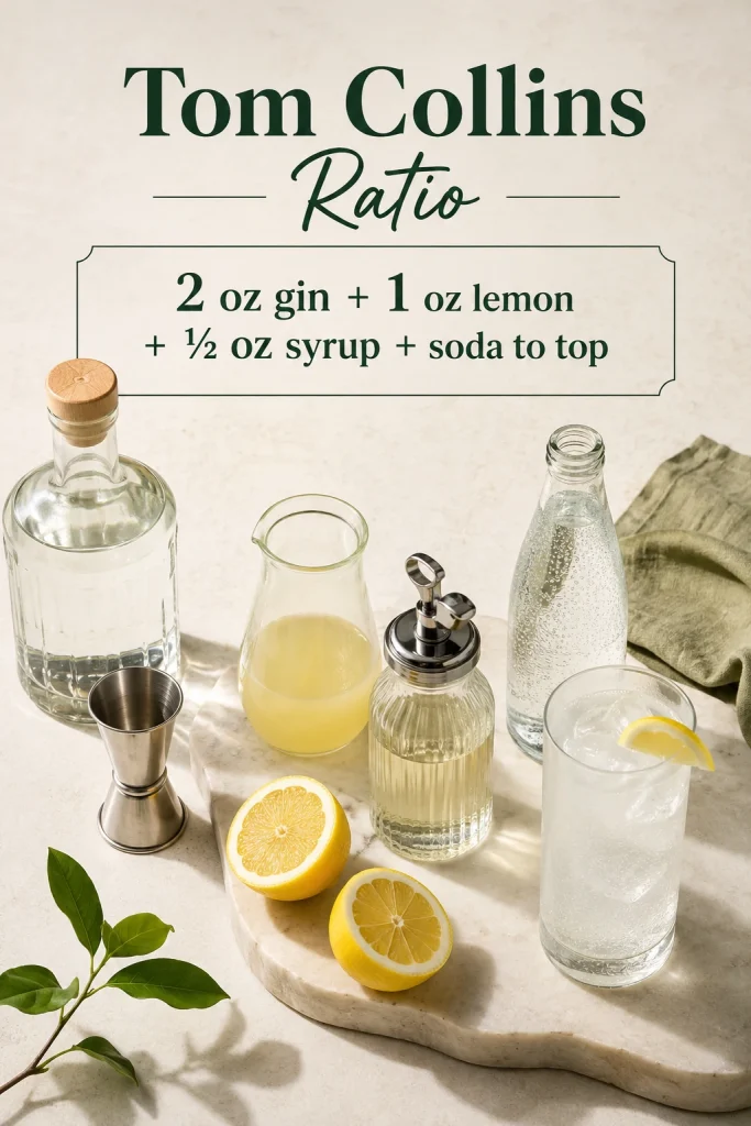 Tom Collins ratio board showing gin, lemon juice, simple syrup, club soda, a jigger, lemon halves, a syrup jar, and a finished cocktail.