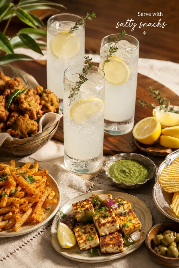 Tom Collins glasses served with pakoras, masala fries, grilled paneer, green chutney, olives, chips, lemon wedges, herbs, and cream linen.
