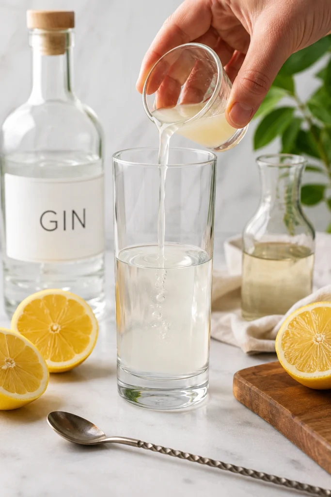 Hand pouring lemon juice into a Collins glass with gin, with simple syrup, fresh lemons, a bar spoon, and a cutting board nearby.