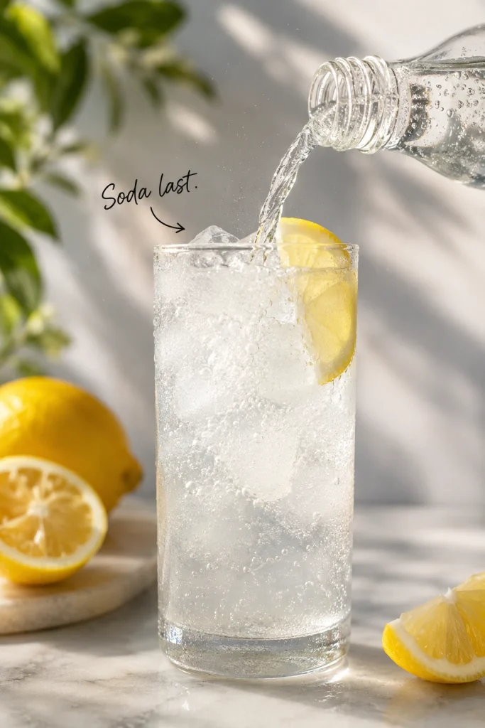 Club soda being poured into an ice-filled Tom Collins glass with bubbles, condensation, lemon garnish, and fresh lemons nearby.